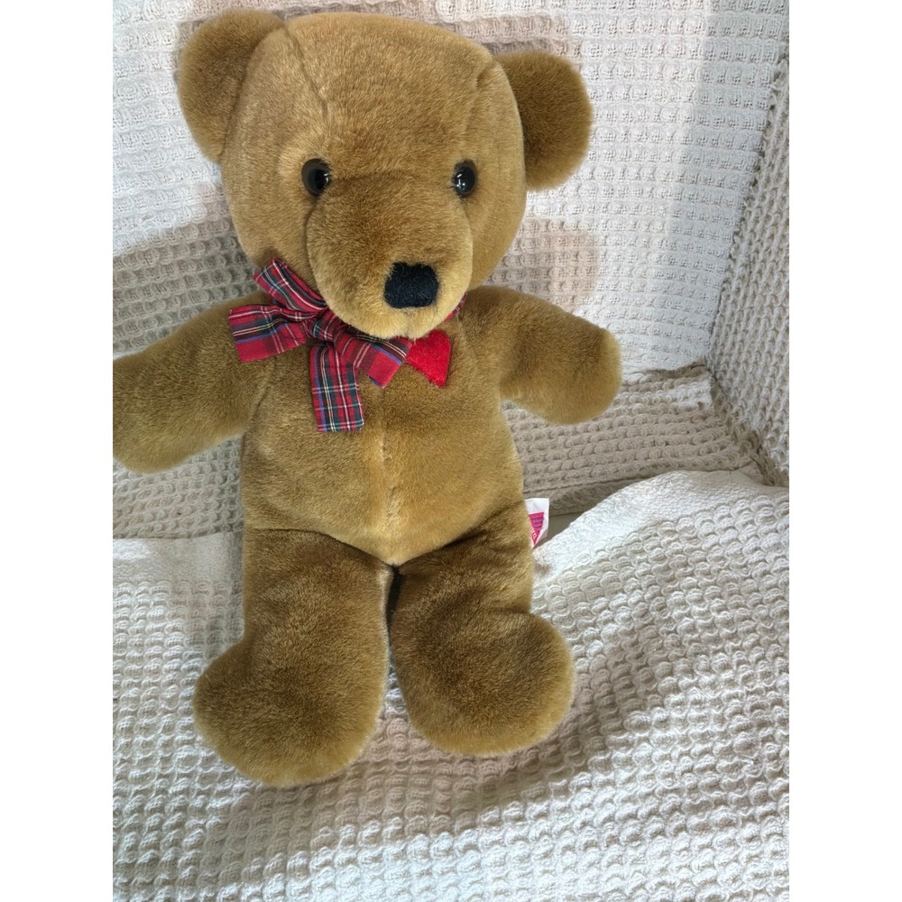 Vintage 1983 Dakin Teddy Bear Plaid Bow Heart Plush 10" Brown